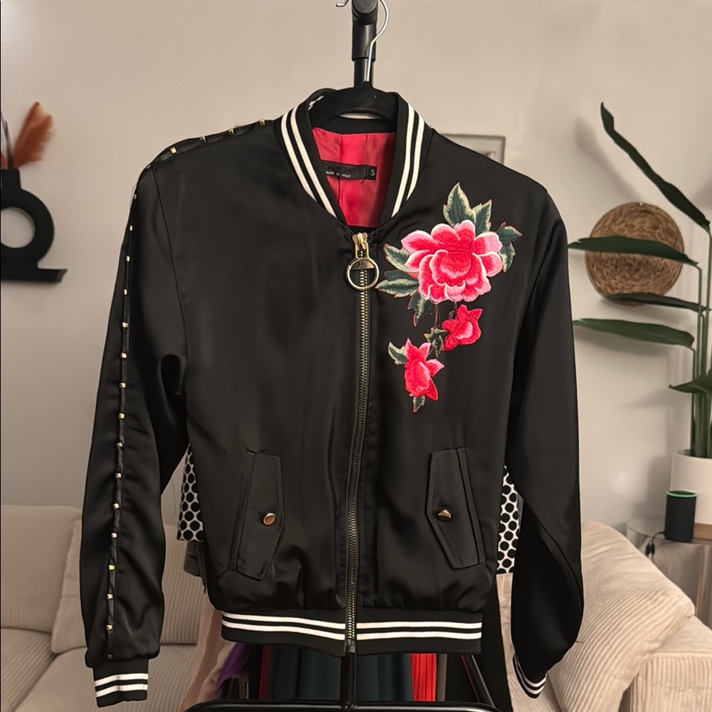 Bebe Vintage Black Bomber Jacket with Floral Embroidery